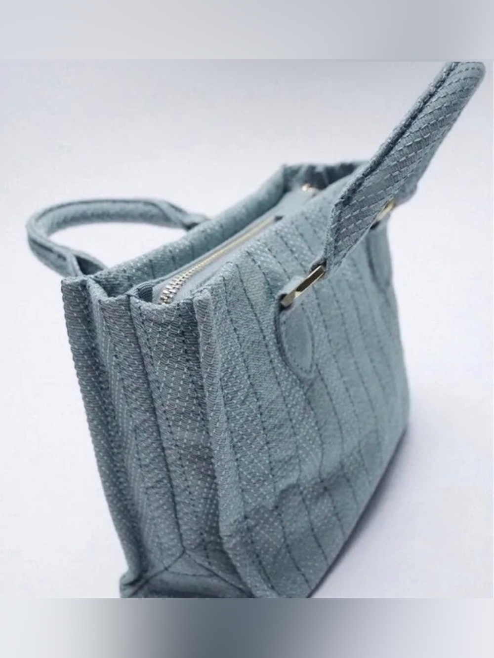 ZARA Light Blue Small Satchel Top Handle Zip Bag Gold Hardware Detachable Strap - Picture 2 of 12